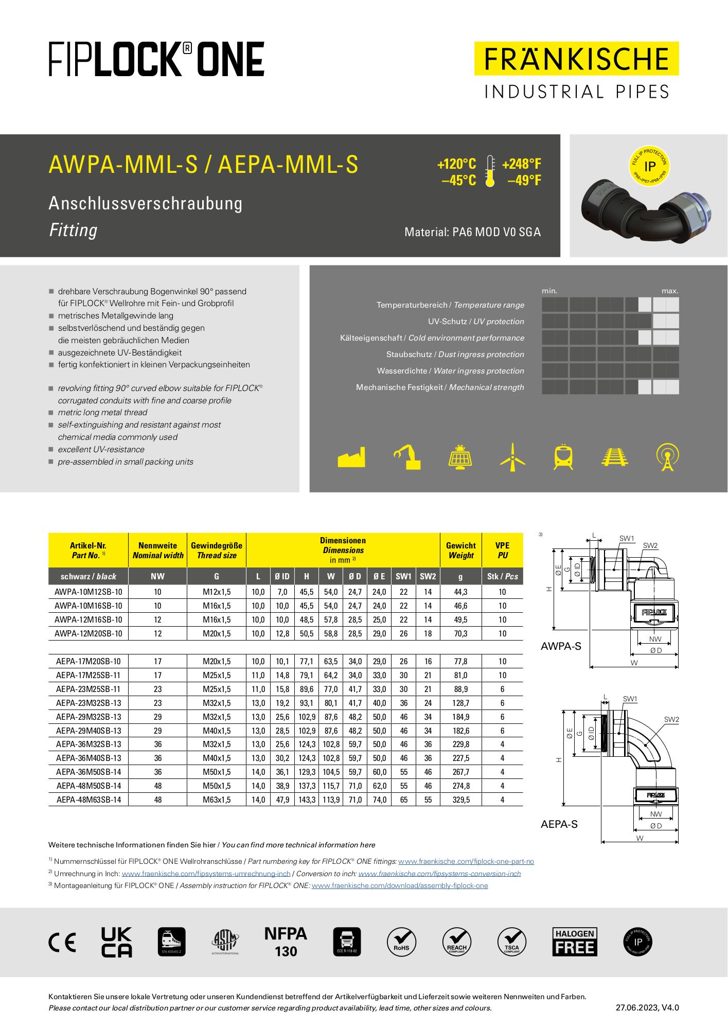 AWPA-MML-S / AEPA-MML-S - Fitting 90° revolving, metric, metal thread, long