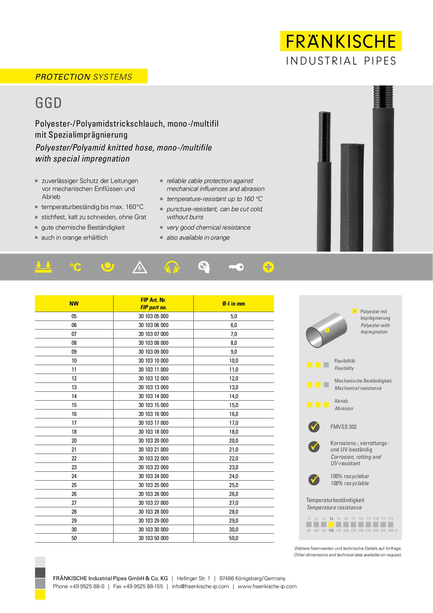 Datenblatt GGD – Polyester-/Polyamidstrickschlauch, mono-/multifil mit Spezialimprägnierung
