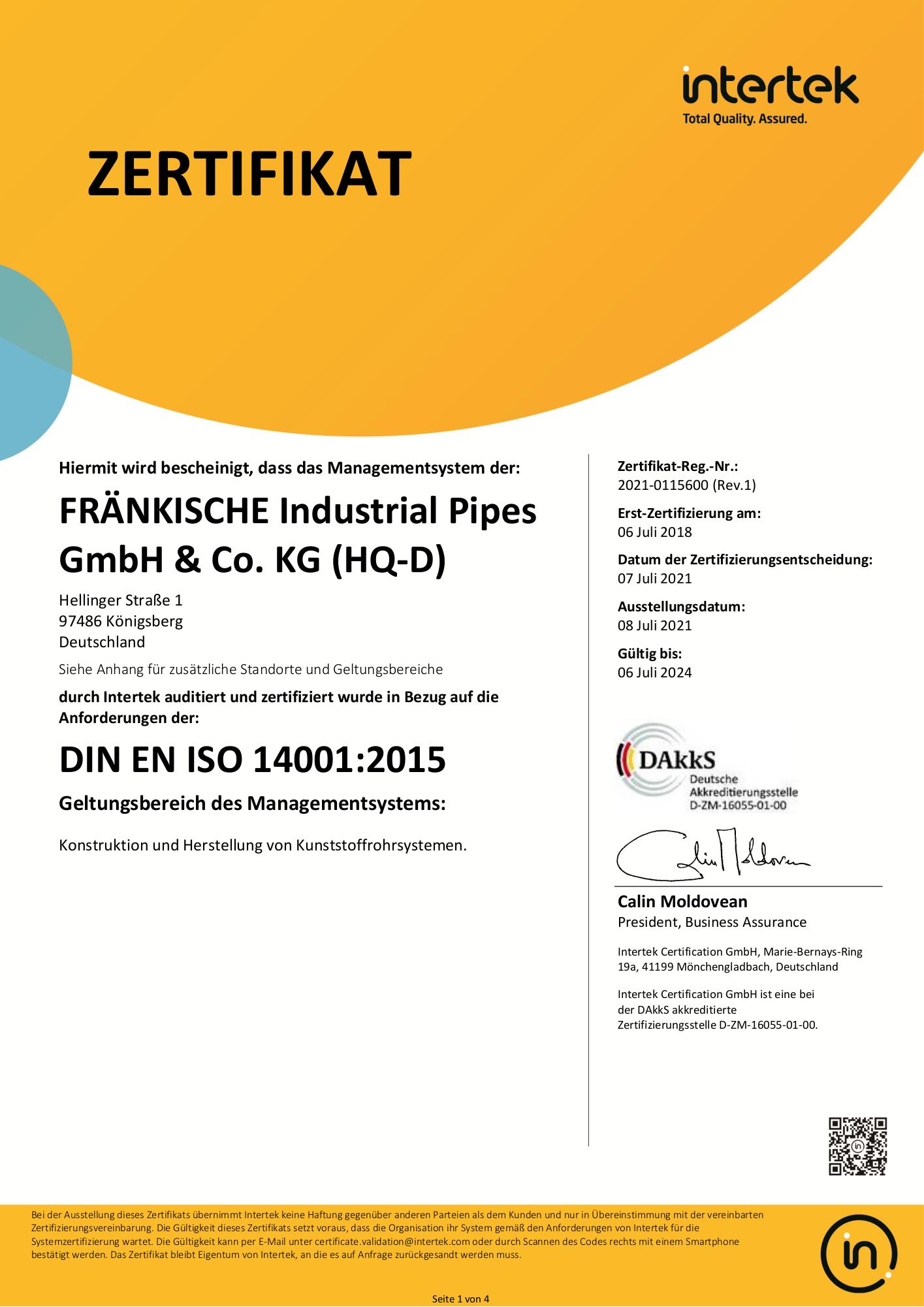 ZERTIFIKAT – ISO 14001 (de)